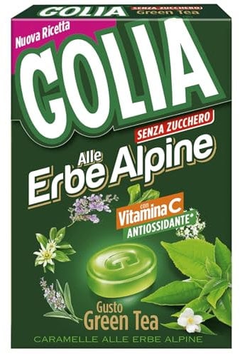 Golia alle Erbe Alpine Gusto Green Tea - Tè verde Caramelle dure, senza zucchero, con Vitamina C, senza Glutine - Confezione da 20 astucci da 49 gr