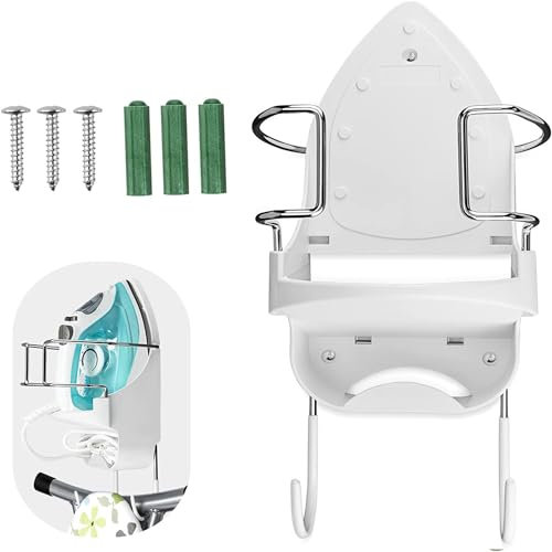 Oranlife Ironing Board Hanger Wall Mount,Iron Hanger Ironing Board Holder with Removable Hooks for Laundry Room,Shelf Door,Bathroom,Heat-Resistant Material(White)
