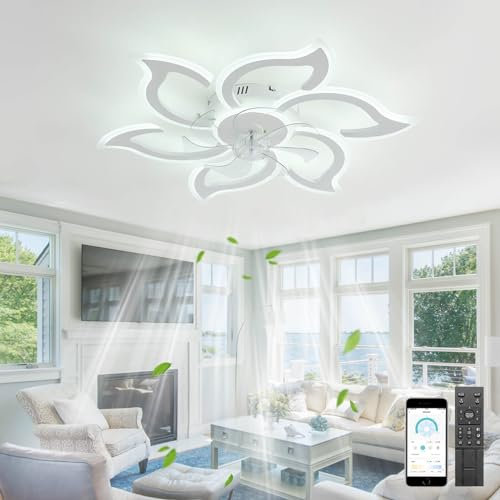 KeLuKes Plafonnier Ventilateur Fleur Design, 88cm Ventilateur de Plafond avec Lumière Silencieux, Dimmable Minuterie Reversible 72W Lustre avec Ventilateur pour Chambre Cuisine, Blanc
