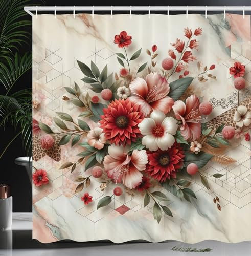 ABAKUHAUS Blumen Duschvorhang, Zartes Blumenstrauß Rouge Blumen auf Marmor Print, Stoffliches Gewebe Badezimmerdekorationsset mit Haken, 175 x 200 cm, Blasses Rubinrot Lorbeergün