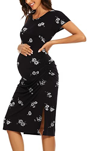 Smallshow Robe de maternité à manches courtes froncée pour femme, fleurs noires, XXL