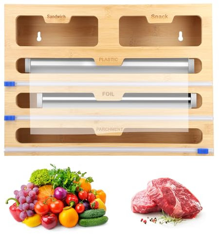 Bamboo 40 cm Kitchen Roll Cling Film and Foil Organiser - 5-in-1 Dispenser and Cutter for Kitchen Drawer