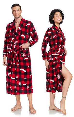 COLORFULLEAF Weihnachts Bademantel für Paare, Flanell Fleece Morgenmantel mit Taschen&Gürtel, Winter Warme Lange Sauna Schlafanzug(Green Plaid Pattern,Herren,M)