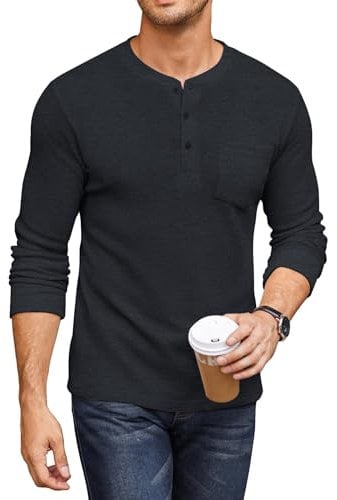 COOFANDY Mens Shirts Long Sleeve T-Shirt Mens Henley Shirts Regular Fit Shirts for Men Basic Waffle Pullover with Pocket Navyblue S