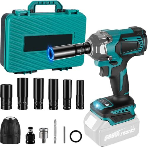 Akku Schlagschrauber Kompatibel mit Makita18V, 700Nm 1/2 Zoll Bürstenloser Schlagschrauber Reifenwechsel, Akkuschlagschrauber mit 6 Stecknüsse (blau ohne akku)