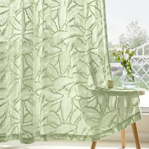 MIULEE Gardinen Voile Vorhang Vorhänge mit Blattmustern halbtransparent mit Ösen Curtains Schals für Wohnzimmer Schlafzimmer Kinderzimmer 2er Set 220×140cm (H×B) Grün