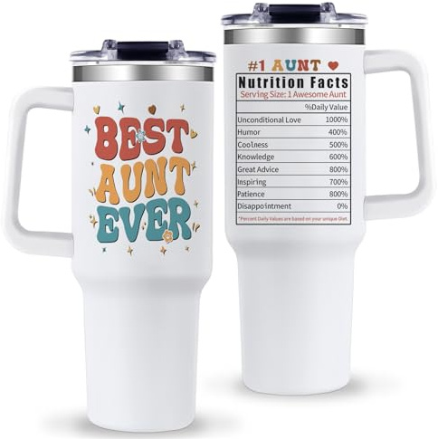 TIKMODERN Gobelet avec poignée pour tante - Cadeau de nièce, neveu et Best Aunt Ever - Gobelet avec couvercle à paille - Cadeau pour tante - Cadeau de Noël ou d'anniversaire - 1200 ml