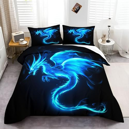 CozyRest Luxus Bettwäsche Set, 100% Mikrofaser Leuchtender Blauer Drache 135x200 cm Bettbezug, 3-teilig, Antiallergisch, Schlafkomfort für Einzelbett, Weich, Hautfreundlich