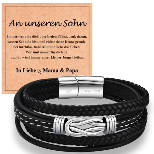 WOVEE Lederarmband für Sohn von Papa Mama Magnetverschluss mit Ich Liebe Dich Gravur Weihnachten Schmuck Geschenke Edelstahl Armband Leder