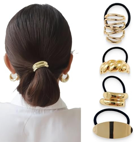 4 Stück Haarschmuck Gold, Haarmanschetten aus Metall, Elastisch, Haarklammer Gold für Pferdeschwanz, Haar Accessoire für Frauen und Mädchen