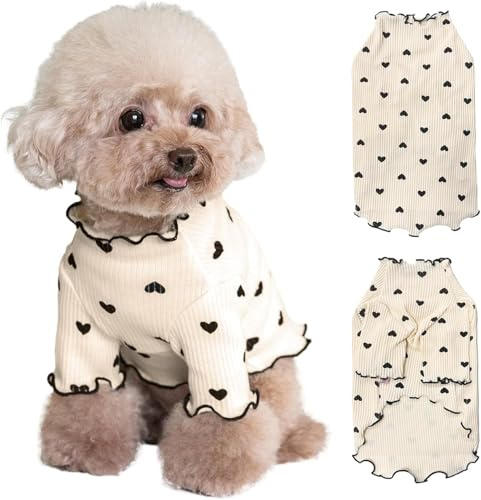 Yaopelky Pet Clothes for Small Dogs Cat Summer Fall Heart Print Shirt Stretchable Ruffle Long Sleeve Outfits for Chihuahua Schnauzer Shih Tzu Yorkie (Coffee, XS)