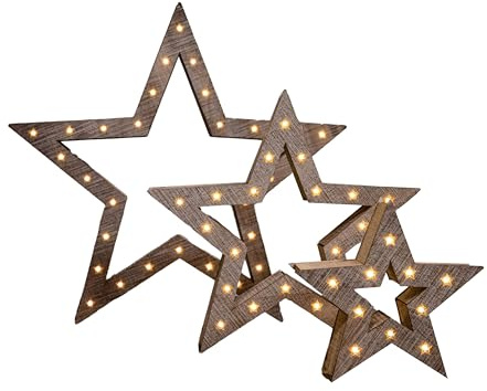 Samuel ALEXANDER Set of 3 Battery Operated Light up Wooden Christmas Stars with Warm White LEDs