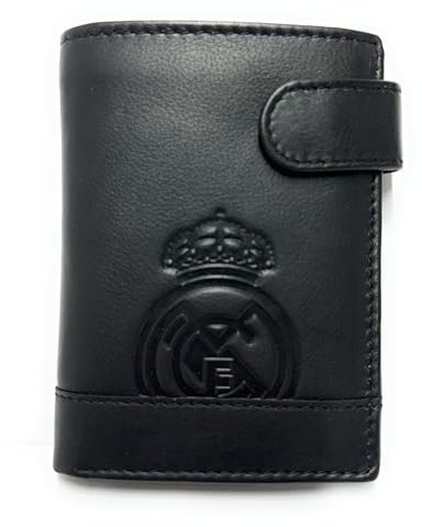 Cartera Oficial del Real Madrid - Piel 100% Legítima con Protección RFID, Diseño Exclusivo con Escudo del Club. Regalo para Hombre. (Vertical con Broche Y Monedero Negro)