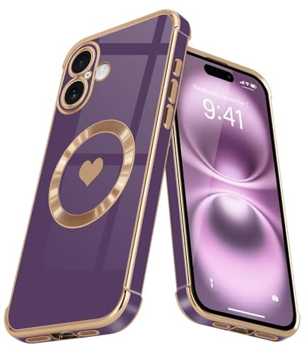 L-FADNUT Coque pour iPhone 16 Plus Compatible avec MagSafe Violet Foncé | Motif Cœur Silicone Galvanisé Antichoc Protection de l'objectif Améliorée