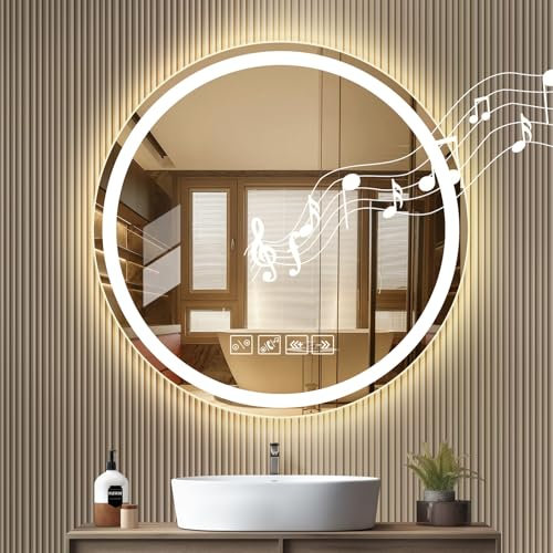 Sararoom Espejo Baño con Luz 60cm, Espejo-Baño-LED-Bluetooth, Espejos de Pared con Reloj, Función Antivaho, 3000K/4000K/6500K, Regulable, Memoria, Cristal Templado HD, IP44 Espejos LED Retroiluminado