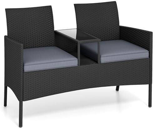 GYMAX 2-Sitzer Polyrattan Gartenbank, Gartenmöbel mit Glastisch & 2 weichen Polstern, Stabile Rattan Sitzbank 360 kg Belastbarkeit, Balkonmöbel für Terrasse, Garten, Grau+Schwarz