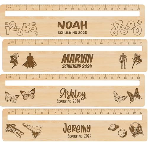 Meinearmbänder Personalisiertes 20 cm Holz-Lineal – Vollständig mit Namen und niedlichen Motiven lasergraviert – 2-in-1 Lesehilfe und Lineal – Geschenk zur Einschulung – Für Jungen und Mädchen