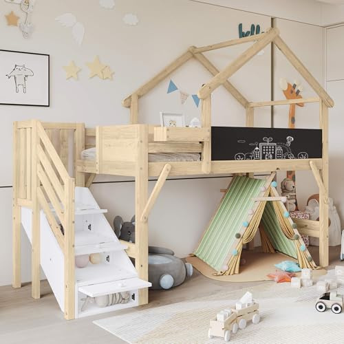 MQGPM Hochbett Kinderbett 90x200 cm mit Fallschutz und Gitter, Treppe mit Stauraum, Einzelbett mit Lattenrost und Rausfallschutz, Holzfarbe