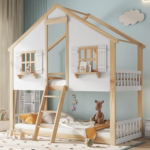 Joyviva Etagenbett, Kinderbett, Schöne Fenster und Dach, Stabile Lattenroste, Seitliche Sicherheitsgeländer, Kiefer + MDF + Sperrholz, Weiß+Natur, 90x200cm