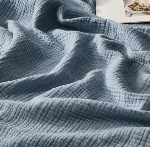 R.SHARE 100% Baumwolle Musselin Decke 150x200cm, 4-lagige Atmungsaktive Weiche Baumwolldecke Sommerdecke mit Fransen Tagesdecke Couch Überwurf Sofaüberwurf Couchdecke Alle Jahreszeiten, Blau