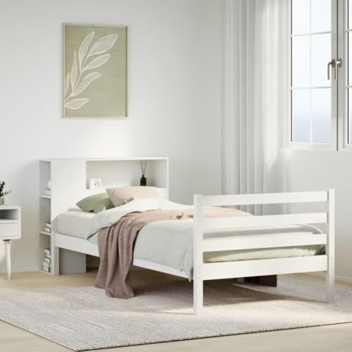 HaoChrymec Massivholzbett mit Regal ohne Matratze Weiß 100x200 cm, Stabiles Kiefernholz, Mit Lattenrost, Viel Stauraum, schlafsofa, einzelbett, Für Schlafzimmer & Kinderzimmer, 100x200 cm