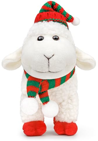 lilizzhoumax Schaf Plüschtier 18cm/7”, Stand Weihnachten Tier Kawaii Kuscheltier Christmas Plüsch Lamm mit Weihnachtsmütze Spielzeug Geschenk für Freunde Kinder pelziges Stofftier Schaf Rot
