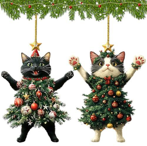 Danbghyuo 2 Stück Katze Weihnachtsbaumschmuck, Weihnachtsbaumschmuck, Acryl Katze Deko, Katze-Hund-Auto-Anhänger, Weihnachten Deko Auto Anhänger, Weihnachtsanhänger Deko