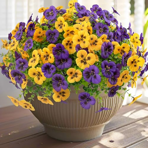 Rowfad Artificial Fake Pansy Flowers for Outdoor, Faux UV Resistant Silk Pansies Flowers for Outside Planter Front Door Porch Yard Patio Window Box Home Decor (18, Yellow,Purple)