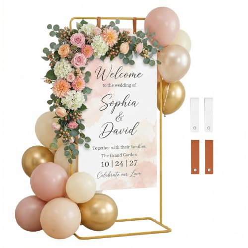 QCGNIUI Wedding Sign Holder, Gold Metal Adjustable Wedding Welcome Sign Stand 178*80*48 CM Easel Stand with 4 Leather Straps for Reception Graduation Party Poster Display