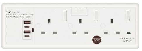 Evoges 1 to 3 Gang Switched Socket Converter with 4 USB C & A, Surge Protected 1G 2G to 3 Way Wall Socket Adapter, 13A Fused