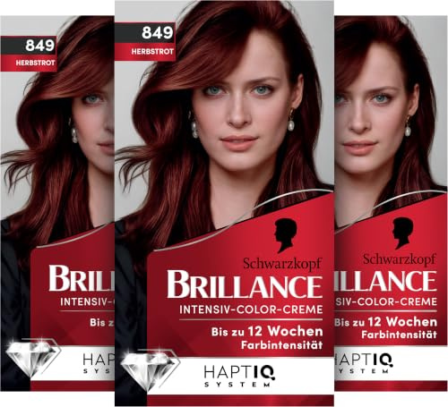 Schwarzkopf Brillance Intensiv-Color-Creme 849 Herbstrot (170ml), Haarfarbe | Permanente Haarfarbe mit 100 % Grauabdeckung, Coloration mit pflegendem Biotin-Komplex für bis zu 12 Wochen Farbintensität