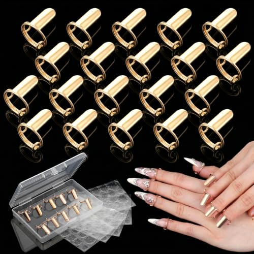 Grevosea 20Pcs Adjustable Nail Rings with 120PCS Adhesive Nail Tabs | Detachable Reusable Nail Ring Set Fingernail Rings for Women Acrylic Nail Art Decoration Charms Accessories (Gold)