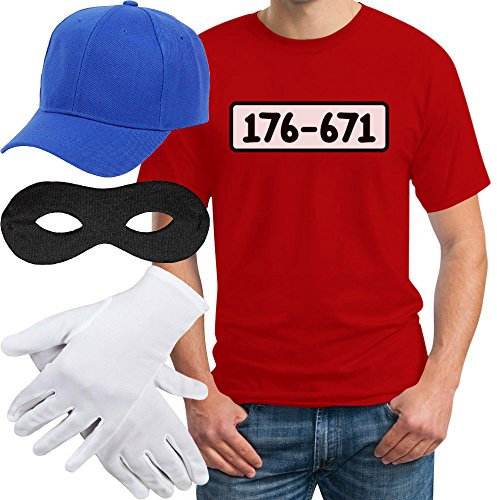 T-Shirt Herren Banditen Bande Verkleidung T Shirt Panzerknacker Kostüm Karneval Fasching Outfit JGA Kostüme TSHIRT + MÜTZE + MASKE + HANDSCHUHE XXL Rot