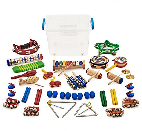 32pc KS1 Rainbow Classroom Percussion Set by Gear4music | 32-piece set with shakers, castanets and tambourines, ideal for music education, plastic storage box included