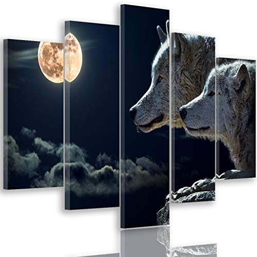 Feeby. Leinwandbild - 5 Teile - Bilder, Wand Bild, Wandbilder, Kunstdruck XXL, 5-Teilig, Typ A, 200x100 cm, WOLF, NATUR, GRAU