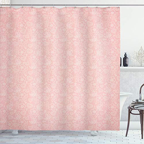 ABAKUHAUS Romantisch Duschvorhang, Blumen-Spirale, Stoffliches Gewebe Badezimmerdekorationsset mit Haken, 175 x 200 cm, Coral Weiß