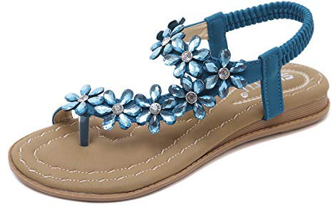 ZOEREA Sandales Plates Femme Mode Été Bohème Strass Fleurs Cuir PU Tongs Peep Toe Confortables Femmes Chaussures pour Plage Vacances Style 2 Bleu,38 EU