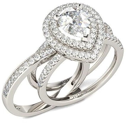 Jeulia 3ct Double Halo Verlobungsring 925 Sterling Silber 3PC Ehering Set Birnenschliff Zirkonia Band Jubiläumsversprechen Ringe mit Schmuck Geschenkbox (Silber, 57 (18.1))
