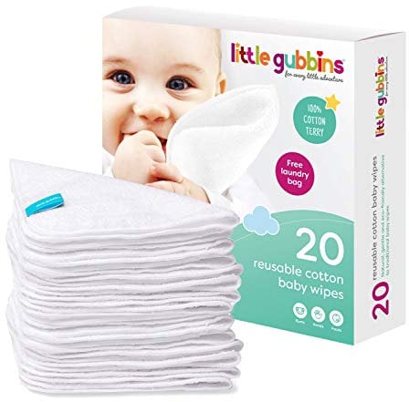 Little Gubbins 20 Baumwoll-Frottee-Baby-Tücher | Packung mit 20 cm x 20 cm wiederverwendbaren, weichen weißen Frotteetüchern | ideal für schmutzige Po