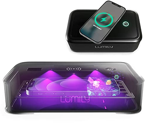 Lumily® Cargador inalámbrico de desinfectante para teléfono UV | Probado en Reino Unido | Esterilización LED UVC | Libre de mercurio | Mata bacterias y virus | Cargador QI para teléfono | Negro