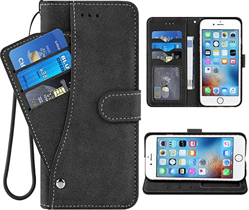 Compatible with iPhone 6 6s Wallet Case and Wrist Strap Lanyard Leather Flip Card Holder Stand Cell Phone Cover for iPhone6 Six i6 S iPhone6s iPhine6s iPhones6s i Phone6s Phone6 6a S6 Women Men Black
