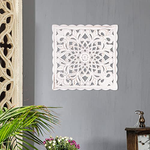 Jetcloud Wooden Wall Decor 30cm Hollow Carved Panel Hanging Decor Rustic Floral Wall Art Sculpture Ornament for Home Hallway Bedroom Living Room Cafe Office (Square)