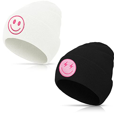 Fuutreo 2 Stück Preppy Beanie Mützen Strickmütze Winter Weich Warm Niedlich Bestickt Hüte für Frauen, schwarz, weiß, Medium