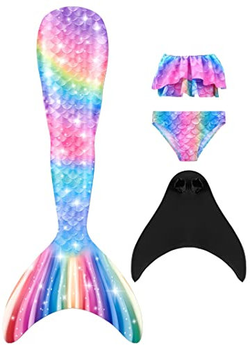 NAITOKE meerjungfrauenflosse mädchen Badeanzug - Meerjungfrau Flosse Bademode mit Bikini Set und Monoflosse Mermaid Tail, 4 Stück Set