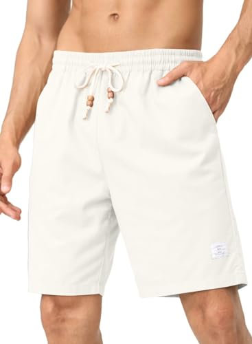 JMIERR Short et Bermudas Homme Pantalon Lin avec Poches été Casual Beach Shorts Cargo Pantacourt Blanc XL