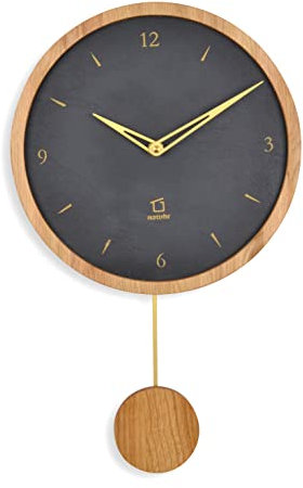 Natuhr Moderne Pendeluhr – Swing Modern – Holz Eiche geölt mit Schiefer 24 cm Durchmesser – Funk-Uhrwerk