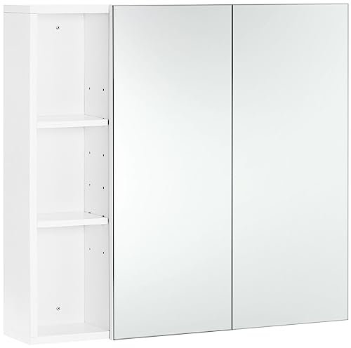 Abician Armoire Murale Salle de Bain Armoire de Rangement Moderne en Bois avec 2 Portes Miroir 3 Casiers 1 Étagères Réglables en Hauteur pour Buanderie Vestiaire 70 cm × 65 cm × 15 cm, Blanc