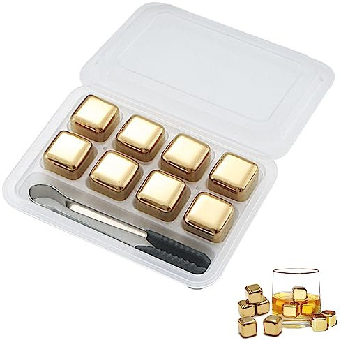 Edelstahl Eiswürfel Set, 8 Stück Whisky Steine Edelstahl Set, mit Silikonclip, für Whiskey, Wodka und Tequil, Gold