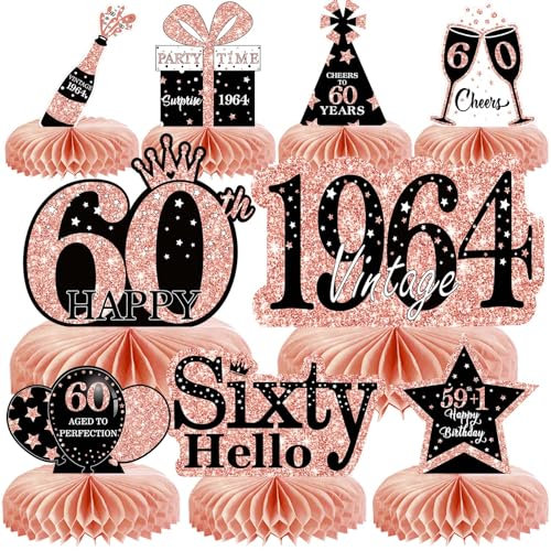Voxisroma Deko 60. Geburtstag Frauen,9 STK Roségold Rosa Bienenwabe Mittelstück Tischdeko Geburtstag,60 Geburtstag Deko,60 Geburtstag Party Deko Supplies,Geschenke Für Frauen Zum Geburtstag