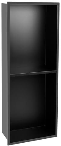 QWORK® 2 Étages Niche Douche Encastrable en Acier Inoxydable 304, Niche Salle de Bain pour Articles de Toilette, Moulure en Une Pièce, Noir Mat, 70x28x12.5cm